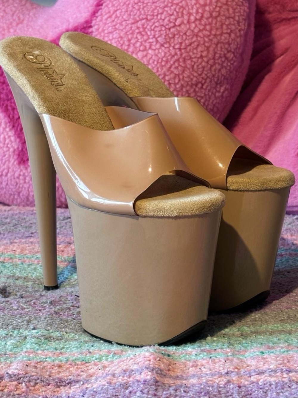Pleaser Flamingo-801 Nude Patent 8” Platform Mule Heels Size 10 Y2K
